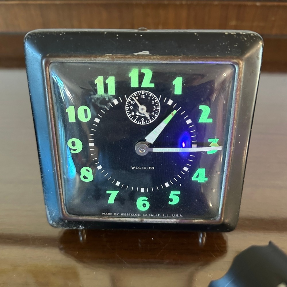 Vintage MCM Westclox Spur Black Metal Square Alarm Clock Luminous Dial Decor